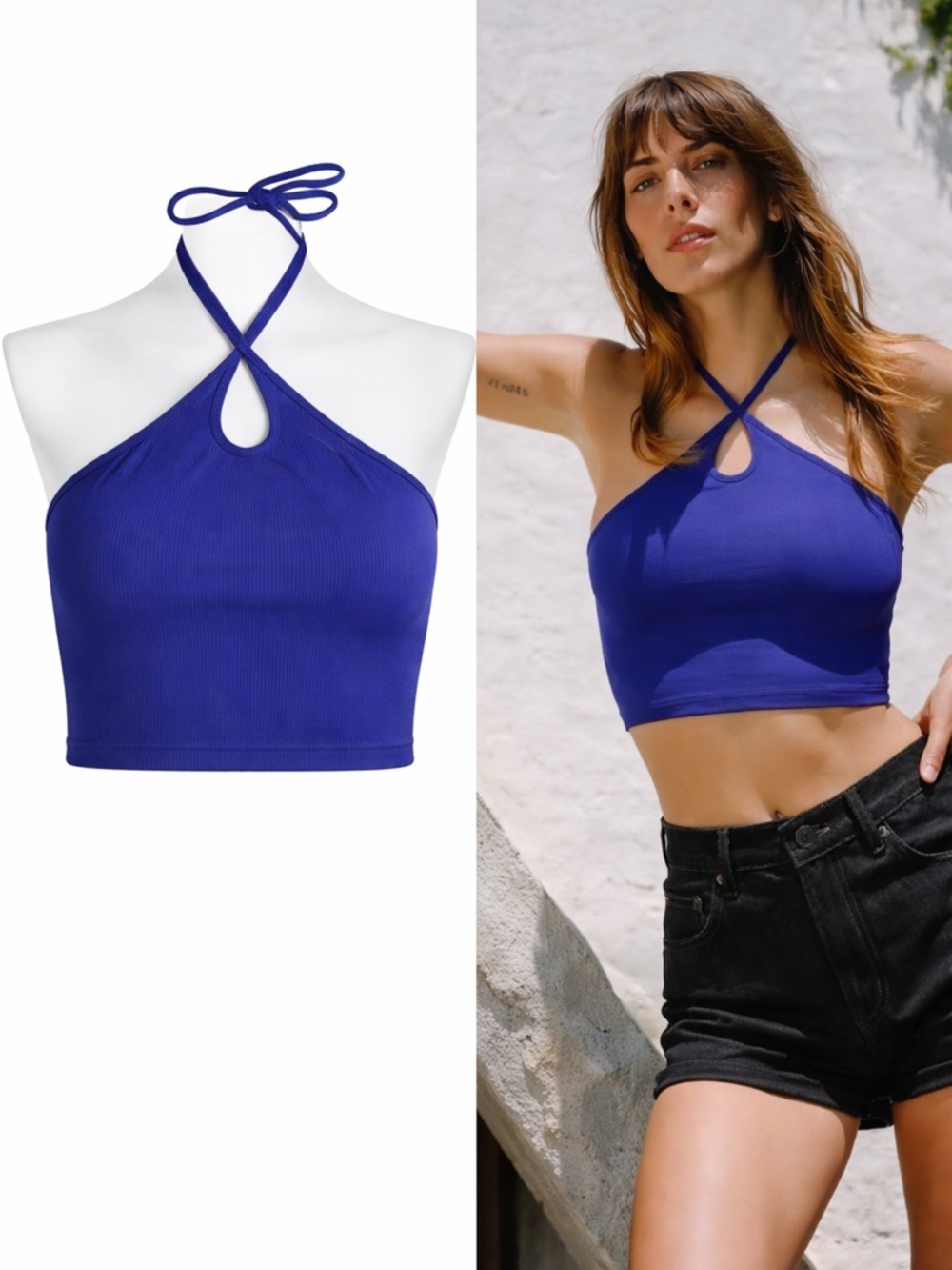ZARA | Blue Halter Crop Top Ribbed Stretch Keyhole Neck | Size S